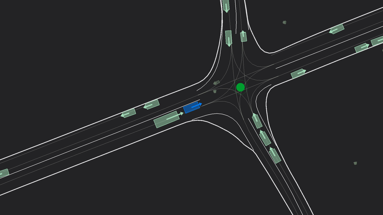 Slower view of an unregularized self-play policy moving through traffic.